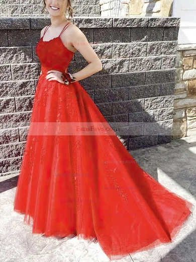 A-line Scoop Neck Tulle Sweep Train Appliques Lace Prom Dresses #Favs020107990