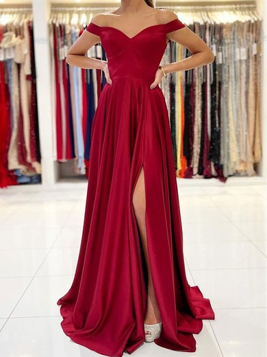 A-line Off-the-shoulder Silk-like Satin Sweep Train Split Front Prom Dresses #Favs020107992