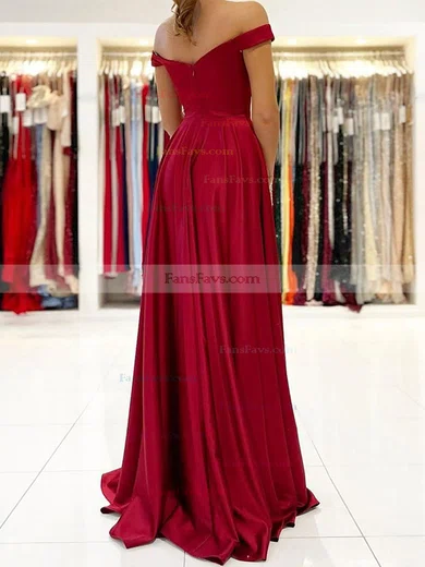 A-line Off-the-shoulder Silk-like Satin Sweep Train Split Front Prom Dresses #Favs020107992