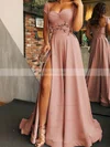A-line Sweetheart Silk-like Satin Sweep Train Flower(s) Prom Dresses #Favs020107997