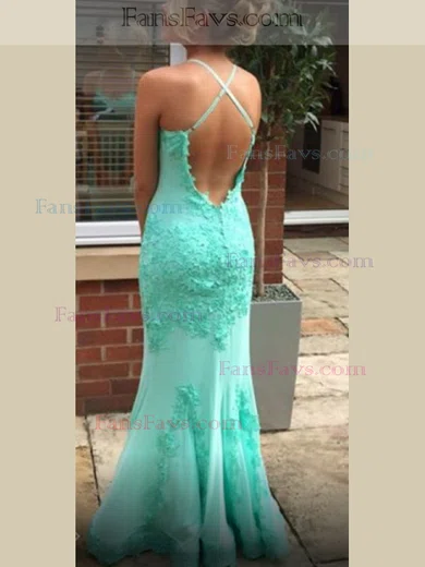 Trumpet/Mermaid V-neck Lace Tulle Sweep Train Lace Prom Dresses #Favs020107998