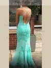 Trumpet/Mermaid V-neck Lace Tulle Sweep Train Lace Prom Dresses #Favs020107998
