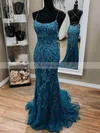Sheath/Column Scoop Neck Tulle Floor-length Appliques Lace Prom Dresses #Favs020108009