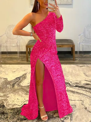 Sheath/Column One Shoulder Sequined Floor-length Split Front Prom Dresses #Favs020108013 Sheath/Column One Shoulder Sequined Floor-length Split Front Prom Dresses #Favs020108013