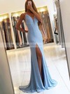 Trumpet/Mermaid V-neck Silk-like Satin Sweep Train Split Front Prom Dresses #Favs020105205