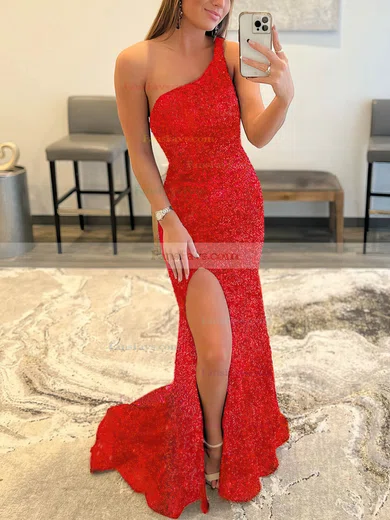 Trumpet/Mermaid One Shoulder Sequined Sweep Train Split Front Prom Dresses #Favs020108018