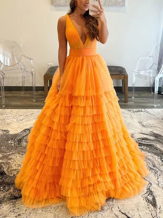 Princess V-neck Tulle Floor-length Tiered Prom Dresses #Favs020108021 Princess V-neck Tulle Floor-length Tiered Prom Dresses #Favs020108021