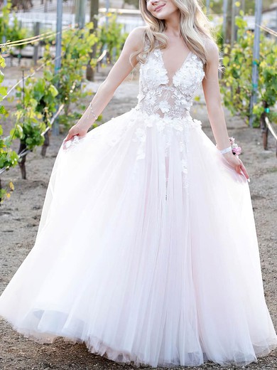 A-line V-neck Tulle Floor-length Appliques Lace Prom Dresses #Favs020108026