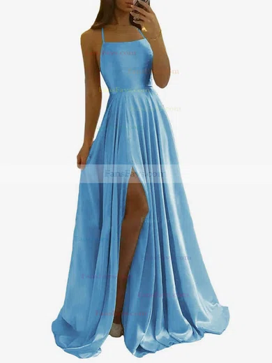 A-line Scoop Neck Silk-like Satin Sweep Train Split Front Prom Dresses #Favs020108028