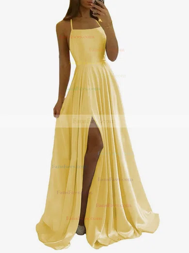 A-line Scoop Neck Silk-like Satin Sweep Train Split Front Prom Dresses #Favs020108028