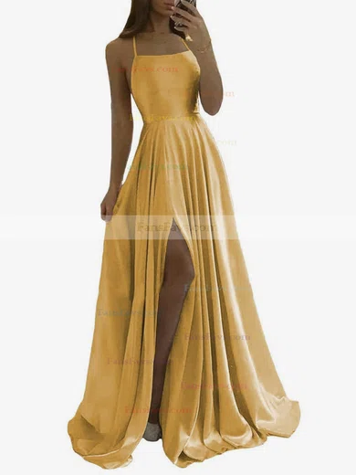 A-line Scoop Neck Silk-like Satin Sweep Train Split Front Prom Dresses #Favs020108028