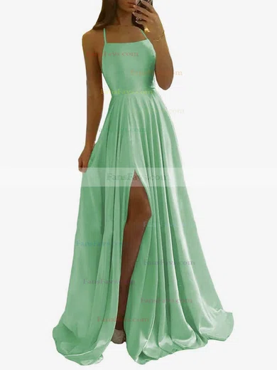 A-line Scoop Neck Silk-like Satin Sweep Train Split Front Prom Dresses #Favs020108028
