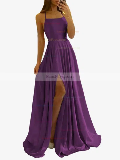A-line Scoop Neck Silk-like Satin Sweep Train Split Front Prom Dresses #Favs020108028