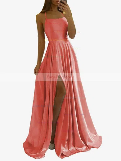 A-line Scoop Neck Silk-like Satin Sweep Train Split Front Prom Dresses #Favs020108028