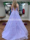 Princess Scoop Neck Tulle Sweep Train Appliques Lace Prom Dresses #Favs020108029