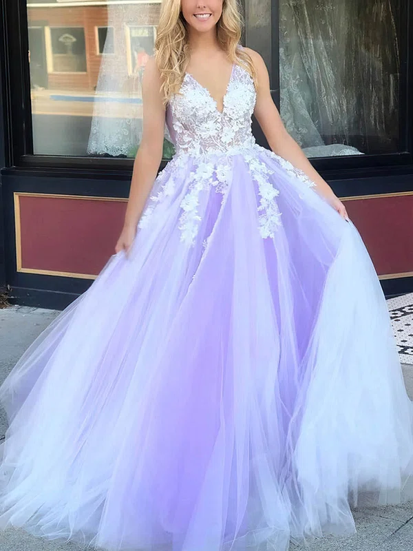 Princess V-neck Tulle Floor-length Appliques Lace Prom Dresses #Favs020108030