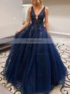 Princess V-neck Tulle Floor-length Appliques Lace Prom Dresses #Favs020108030