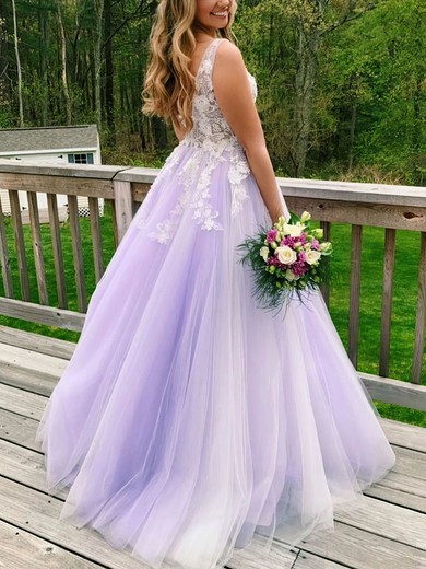 Princess V-neck Tulle Floor-length Appliques Lace Prom Dresses #Favs020108031