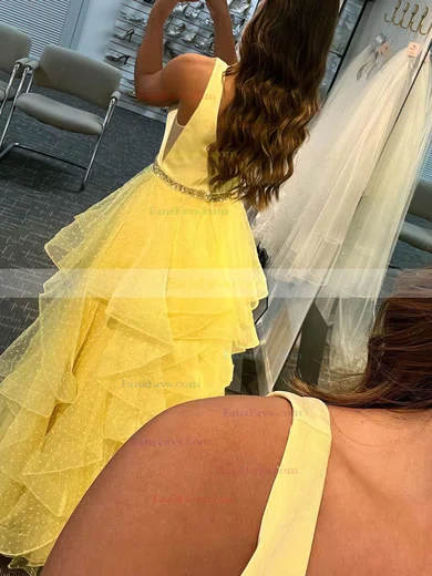 A-line V-neck Tulle Floor-length Beading Prom Dresses #Favs020108032