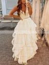 A-line V-neck Tulle Floor-length Beading Prom Dresses #Favs020108032