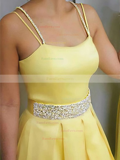 A-line Square Neckline Satin Sweep Train Beading Prom Dresses #Favs020105212