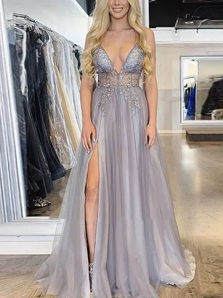 A-line V-neck Tulle Floor-length Beading Prom Dresses #Favs020108035 A-line V-neck Tulle Floor-length Beading Prom Dresses #Favs020108035