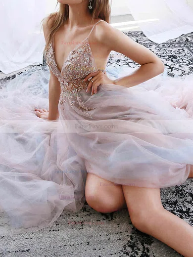 A-line V-neck Tulle Floor-length Beading Prom Dresses #Favs020108035