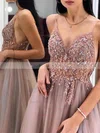 A-line V-neck Tulle Floor-length Beading Prom Dresses #Favs020108035