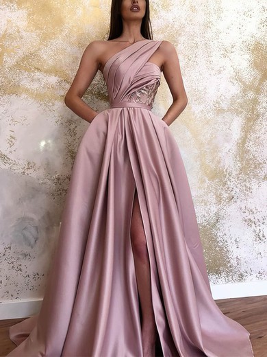 Princess One Shoulder Satin Floor-length Ruffles Prom Dresses #Favs020108041