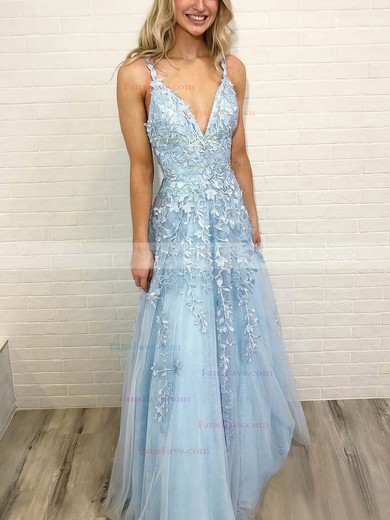 A-line V-neck Tulle Floor-length Appliques Lace Prom Dresses #Favs020108046