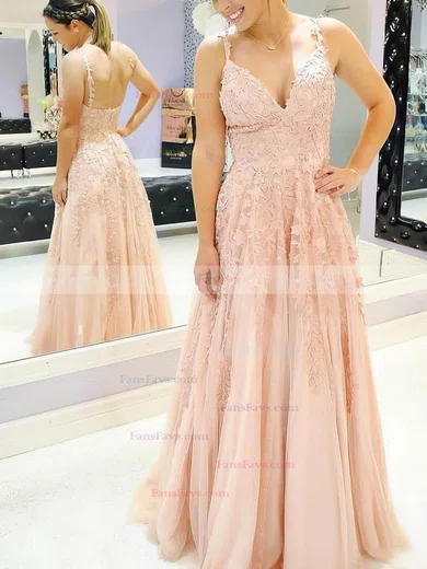 A-line V-neck Tulle Floor-length Appliques Lace Prom Dresses #Favs020108046