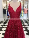 A-line V-neck Tulle Floor-length Appliques Lace Prom Dresses #Favs020108046
