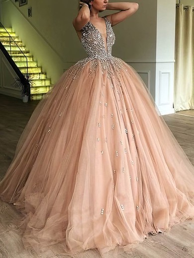 Ball Gown V-neck Tulle Floor-length Beading Prom Dresses #Favs020108048
