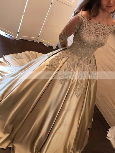 Ball Gown Off-the-shoulder Satin Sweep Train Appliques Lace Prom Dresses #Favs020108057
