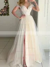 A-line V-neck Tulle Floor-length Appliques Lace Prom Dresses #Favs020108059