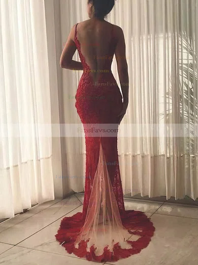 Trumpet/Mermaid Scoop Neck Lace Sweep Train Appliques Lace Prom Dresses #Favs020108065