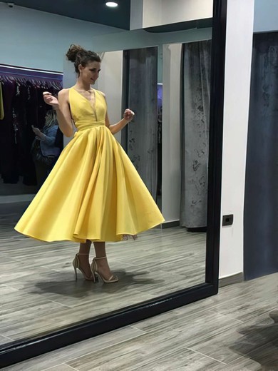 Ball Gown V-neck Satin Ankle-length Prom Dresses #Favs020105219