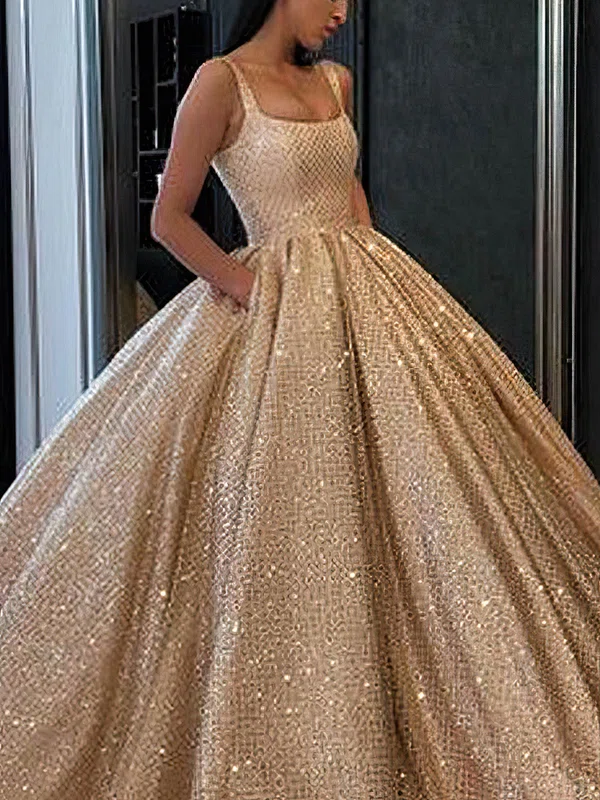 Ball Gown Square Neckline Glitter Floor-length Pockets Prom Dresses #Favs020108068
