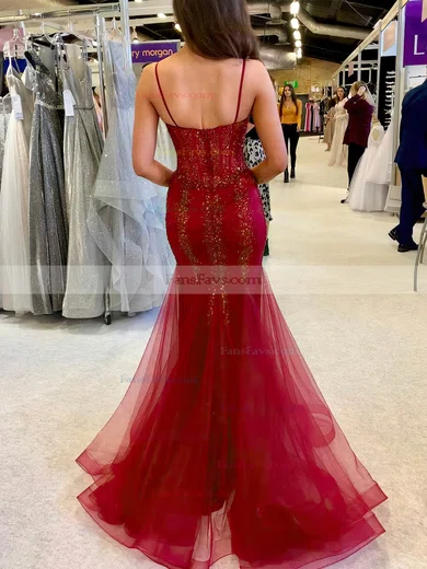 Trumpet/Mermaid V-neck Tulle Floor-length Beading Prom Dresses #Favs020108070