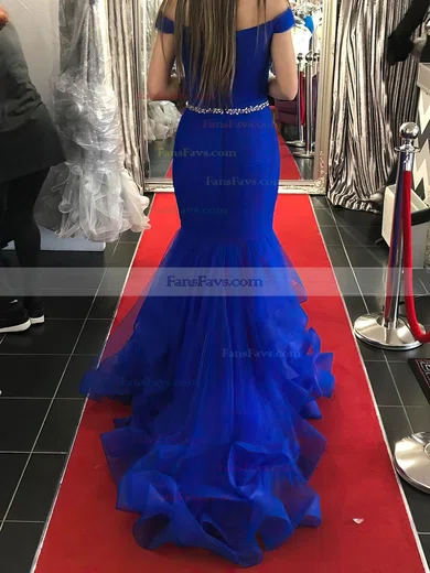 Trumpet/Mermaid Off-the-shoulder Tulle Sweep Train Beading Prom Dresses #Favs020108071