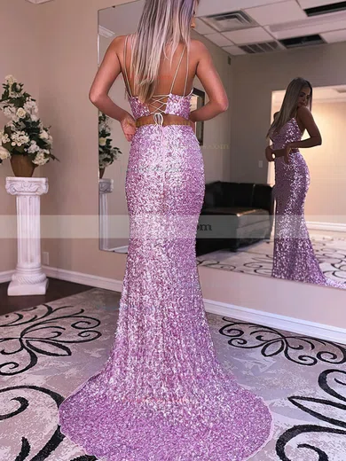 Trumpet/Mermaid V-neck Sequined Sweep Train Split Front Prom Dresses #Favs020108077