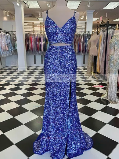 Trumpet/Mermaid V-neck Sequined Sweep Train Split Front Prom Dresses #Favs020108077