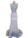 Trumpet/Mermaid Scoop Neck Silk-like Satin Sweep Train Appliques Lace Prom Dresses #Favs020105224