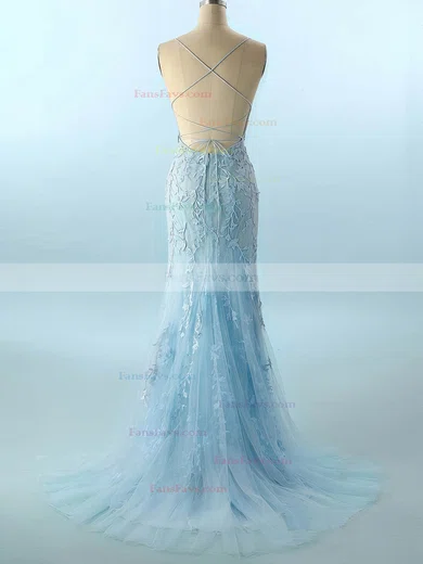 Trumpet/Mermaid Scoop Neck Lace Tulle Sweep Train Appliques Lace Prom Dresses #Favs020108078
