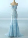 Trumpet/Mermaid Scoop Neck Lace Tulle Sweep Train Appliques Lace Prom Dresses #Favs020108078