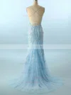 Trumpet/Mermaid Scoop Neck Lace Tulle Sweep Train Appliques Lace Prom Dresses #Favs020108078