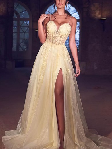 A-line V-neck Tulle Sweep Train Appliques Lace Prom Dresses #Favs020108080