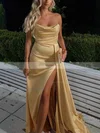 A-line Cowl Neck Silk-like Satin Sweep Train Ruffles Prom Dresses #Favs020108083