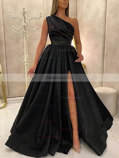 A-line One Shoulder Satin Sweep Train Ruffles Prom Dresses #Favs020108084