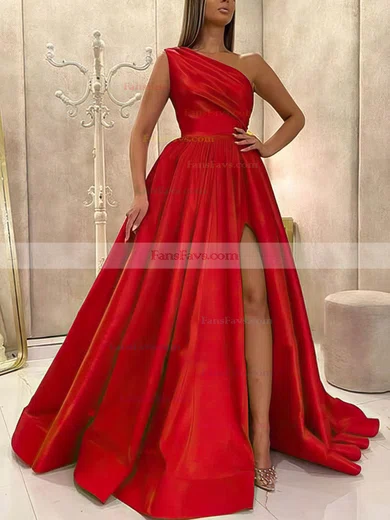A-line One Shoulder Satin Sweep Train Ruffles Prom Dresses #Favs020108084